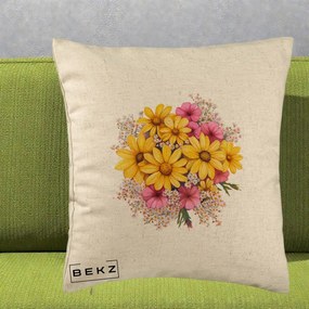 Perna Decorativa Floarea-Soarelui cu Cosmos Roz si Gypsophila, 40x40 cm, Bej, Husa Detasabila, Perna Inclusa, BEKZ®