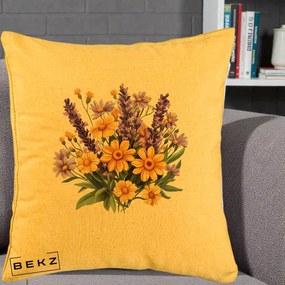 Perna Decorativa Lavanda cu Margarete Galbene si Lila, 40x40 cm, Galben, Husa Detasabila, Perna Inclusa, BEKZ®