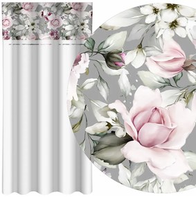 Draperie albă simplă cu imprimare de bujori roz Lățime: 160 cm | Lungime: 250 cm