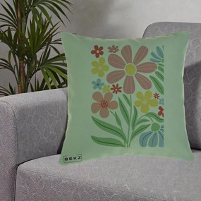 Perna Decorativa Flori Grafice Roz Pastel, 40x40 cm, Verde, Husa Detasabila, Perna Inclusa, BEKZ®
