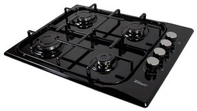 Plită încorporată Zilan ZLN 0034, 4 arzătoare cu gaz, 7.35 kW, Gaz natural sau propan-butan, 60x50 cm, Grătar din fontă, Protecție împotriva scurgerilor de gaz, Negru