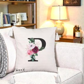 Cadou Personalizat - Perna Personalizata Monograma Florala Litera P, 40x40 cm, Bej cu Franjuri, Husa Detasabila, Perna Inclusa, BEKZ®