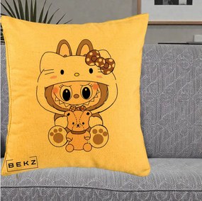 Perna Personalizata Labubu x Hello Kitty Maro-Vintage, 40x40 cm, Galben, Husa Detasabila, Perna Inclusa, BEKZ®