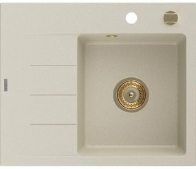Mexen Ben chiuvetă de granit cu 1 compartiment și scurgător, dreapta 600 x 500 mm, bej, sifon auriu - 6523605000-69-G