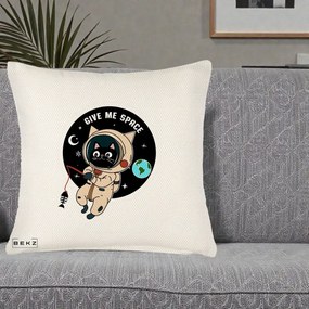 Perna Decorativa Give Me Space Pisica Astronaut, 40x40 cm, Crem Reliefat, Husa Detasabila, Perna Inclusa, BEKZ®