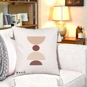 Perna Decorativa Geometric Boho Cerc si Boluri, 40x40 cm, Bej cu Franjuri, Husa Detasabila, Perna Inclusa, BEKZ®