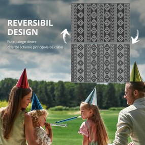Outsunny Covor Exterior Reversibil, 1,8 x 2,75m, Impermeabil pentru Curte, Veranda, Picnic, Plaja, Camping, Negru si Gri | Aosom Romania