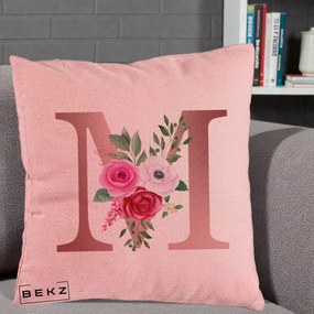 Cadou Personalizat - Perna Personalizata Monograma Rose Gold Litera M cu Trandafiri, 40x40 cm, Roz, Husa Detasabila, Perna Inclusa, BEKZ®