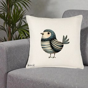 Perna Decorativa Pasare Teal Decorativa Dungata, 40x40 cm, Crem Reliefat, Husa Detasabila, Perna Inclusa, BEKZ®