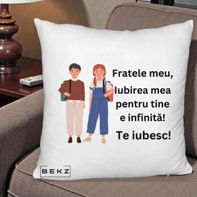 Cadou pentru Frate - Perna Personalizata Fratele Meu Te Iubesc Elevi Ilustratie Colorata, 40x40 cm, Alb Pufos, Husa Detasabila, Perna Inclusa, BEKZ®