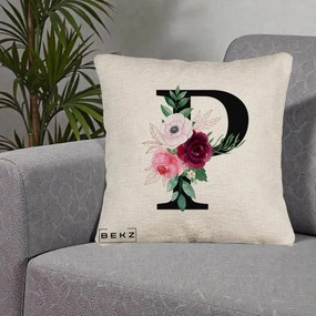 Cadou Personalizat - Perna Personalizata Monograma Florala Litera P, 40x40 cm, Bej Canapea, Husa Detasabila, Perna Inclusa, BEKZ®
