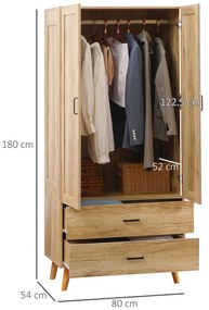 HOMCOM Dulap Dormitor 2 Uși cu 2 Sertare și Bară pentru Umerașe 80x54x180 cm Lemn | Aosom Romania