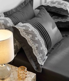 Lenjerie pat dublu, Inimi Brodate, 6 Piese, Finet Premium - Gri Inchis
