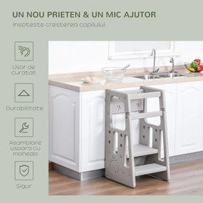 Turn de invatare Montessori, Inaltime Reglabila 3 Niveluri, HDPE non-toxic si inodor, 47x47x90cm, Gri HOMCOM | Aosom Romania