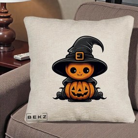 Perna Decorativa Halloween Dovleac Vrajitor Kawaii, 40x40 cm, Bej Canapea, Husa Detasabila, Perna Inclusa, BEKZ®