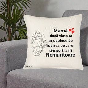 Cadou pentru Mama - Perna Personalizata Mama Nemuritoare Portret Graphic, 40x40 cm, Crem Reliefat, Husa Detasabila, Perna Inclusa, BEKZ®