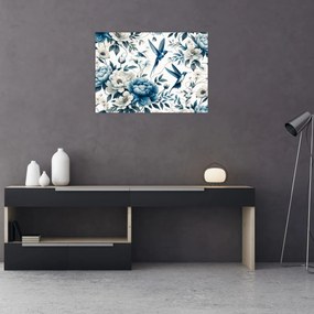 Tablou pe sticlă - Colibri cu flori (70x50 cm)
