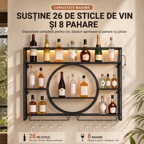 HOMCOM Suport de perete pentru sticle cu LED, suport pentru pahare și rafturi, negru | Aosom Romania