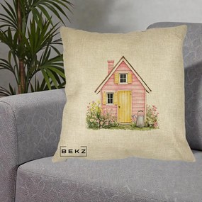Perna Decorativa Casuta Roz Acuarela cu Gradina, 40x40 cm, Crem, Husa Detasabila, Perna Inclusa, BEKZ®