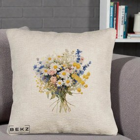 Perna Decorativa Buchet Camp Acuarela Margarete-Lavanda, 40x40 cm, Bej Canapea, Husa Detasabila, Perna Inclusa, BEKZ®