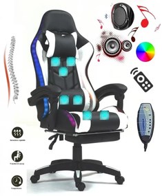 RESIGILAT- ALFORD Scaun gaming cu Masaj in 5 puncte, Perna lombara cu Masaj, Sistem iluminare banda LED RGB, Boxe Bluetooth, suport picioare, PU, Negru/Alb