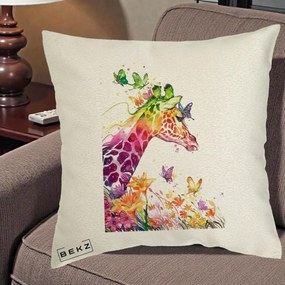 Perna Decorativa Girafa Curcubeu Acuarela, 40x40 cm, Ecru, Husa Detasabila, Perna Inclusa, BEKZ®