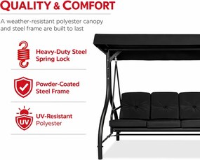 Leagan de grădină, șezlong tip pat, 3 locuri, copertina reglabila, cadru otel, 194x120x173 cm, Negru
