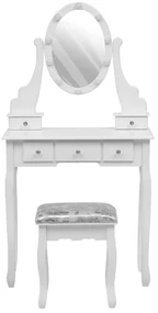 Set Nasira, Masă de toaletă pentru machiaj, oglinda iluminata 10 becuri LED, 5 sertare, scaun, Alb