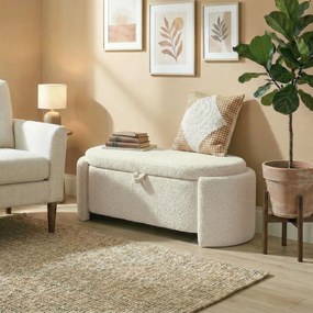 HOMCOM Banc de depozitare, banc la picioarele patului oval din polar Teddy cu șezut lat, 129 x 48,5 x 44 cm, crem | Aosom Romania