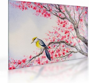 Tablou pe sticlă - Pasăre pe un copac cu flori roșii (70x50 cm)