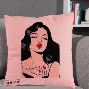 Perna Decorativa Femeie Pop-Art Kiss, 40x40 cm, Roz, Husa Detasabila, Perna Inclusa, BEKZ®