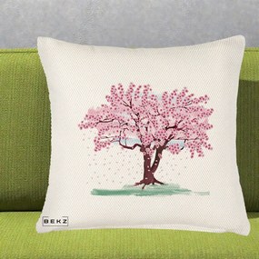 Perna Decorativa Cires Inflorit Acuarela, 40x40 cm, Crem Reliefat, Husa Detasabila, Perna Inclusa, BEKZ®