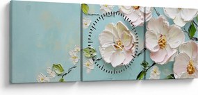 Tablou - Flori pe fundal albastru (cu ceas) (90x30 cm)