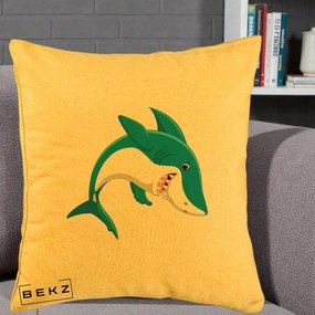 Perna Decorativa Rechin Albastru Cartoon, 40x40 cm, Galben, Husa Detasabila, Perna Inclusa, BEKZ®