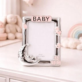 Ramă Foto BABY AZAY Roz cu Elemente Decorative, 10x15 cm, Ramă Foto Fetițe, Cadou Botez / Nou-Născut, Cutie Cadou Inclusă