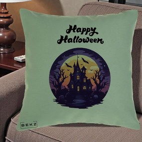 Perna Decorativa Happy Halloween Casa Bantuita Violet, 40x40 cm, Verde, Husa Detasabila, Perna Inclusa, BEKZ®