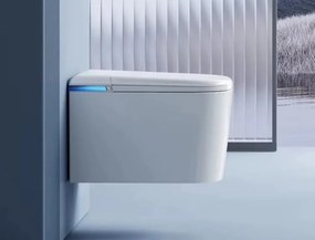 Vas WC Inteligent Suspendat cu Rezervor Integrat, Afișaj LED, Telecomandă, Sterilizare UV, Deschidere/Închidere automată, funcționare senzor picior, Control inteligent al Temperaturii, Uscare aer cald, Iluminare de noapte, Suspendat, Ceramică, Alb