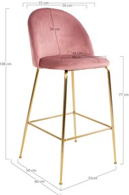 Scaun de bar Lausanne, catifea, trandafir, picioare cu efect de cupru