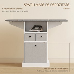 HOMCOM Dulap cu Masă de Călcat Pliabil Economisitor de Spațiu, Dulap Multifuncțional cu 3 Sertare din Material Textil Aspect In, Roți Cu Frână, Raft Deschis, pentru Băi și Spații de Rufe, 121x37x89.5 cm, Alb | Aosom Romania