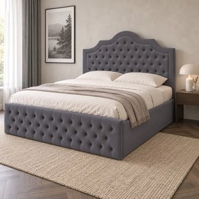 Pat tapițat din catifea Imperio cu nasturi 160×200 cm, gri închis, cu ladă de depozitare