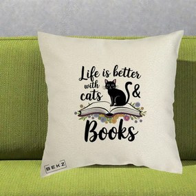 Perna Personalizata Life is Better Cats and Books, 40x40 cm, Ecru, Husa Detasabila, Perna Inclusa, BEKZ®