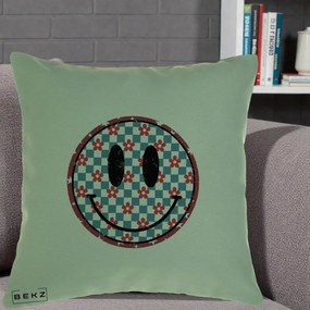 Perna Decorativa Smiley Face Checkered cu Floricele, 40x40 cm, Verde, Husa Detasabila, Perna Inclusa, BEKZ®