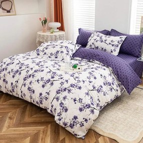 Lenjerie de pat cu elastic, policoton, pat 2 persoane, alb / violet, 4 piese, E-57