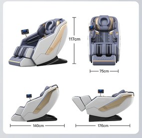 RESIGILAT- Fotoliu de masaj AMOS, cu Incalzire, Bluetooth, Display, Ecran tactil, Zero Gravity, 2 Boxe, Moduri Automate, Suport Picioare extensibil, Piele Ecologica Premium, Gri/Albastru