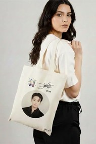 Sacosa de Panza pentru Cumparaturi, Geanta Tote, model BTS Jungkook, 38x34.5 cm, Alba, BEKZ®