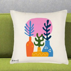 Perna Decorativa Vaze Botanice Abstract, 40x40 cm, Crem Reliefat, Husa Detasabila, Perna Inclusa, BEKZ®