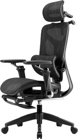 Scaun ergonomic, translatie sezut, cotiere 6D, tetiera 3D, suport lombar reglabil, pivotant, suport pentru picioare, Negru