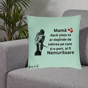 Cadou pentru Mama - Perna Personalizata Mama Nemuritoare Gravura Vintage, 40x40 cm, Verde Menta, Husa Detasabila, Perna Inclusa, BEKZ®