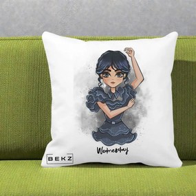 Perna Personalizata Wednesday Addams Dancing Queen, 40x40 cm, Alba Mata, Husa Detasabila, Perna Inclusa, BEKZ®