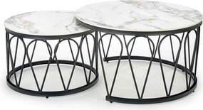 Set 2 masute cafea FORMOSA, alb cu efect de marmura/negru, ceramica/ot
